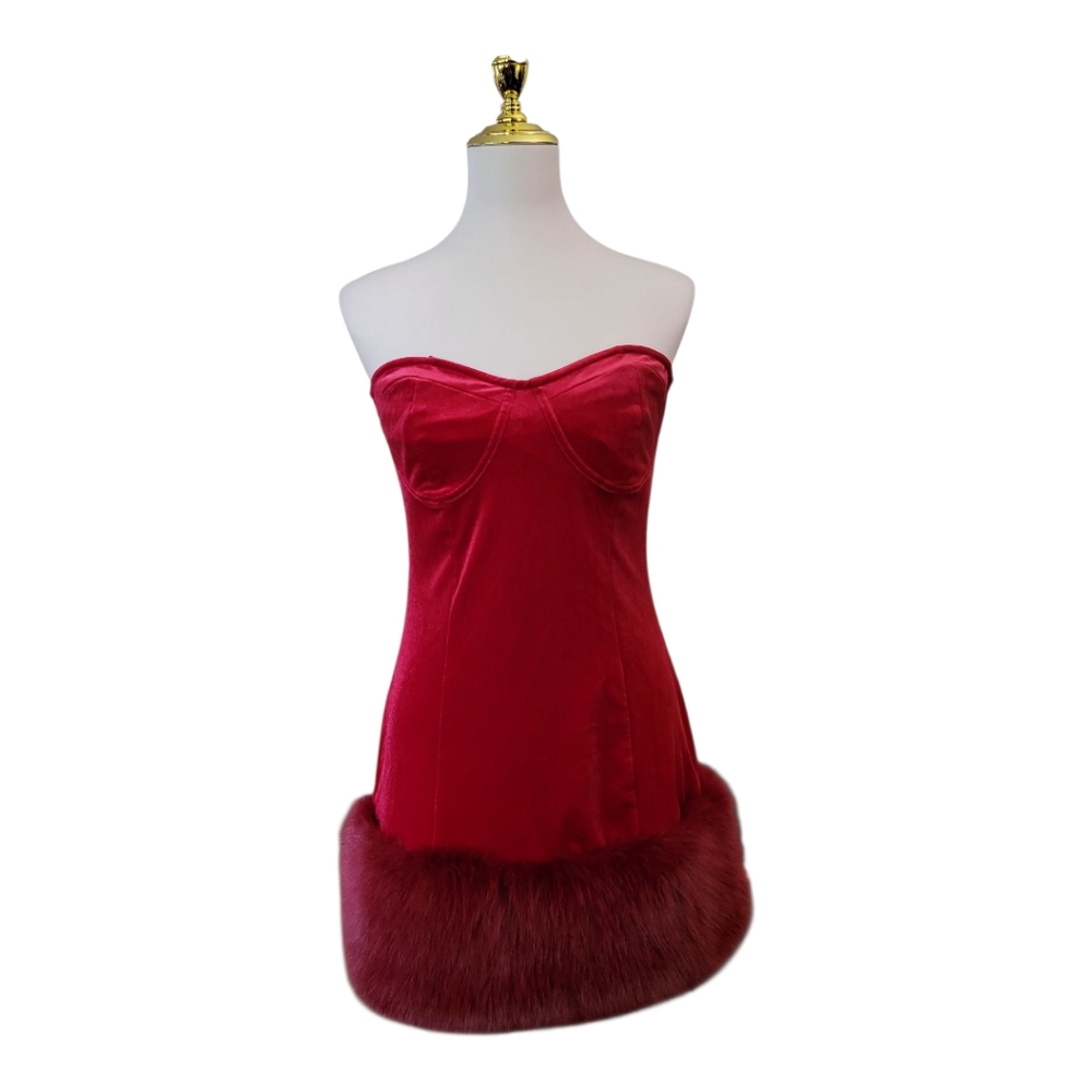 Johnny Wujek JCPenney Red‎ Strapless Mini Dress Size 11 Faux Fur Hem Y2K Glam